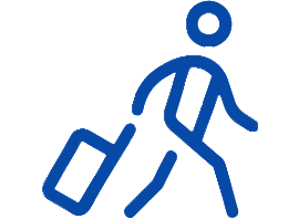 A blue drawing of a person walking with luggage